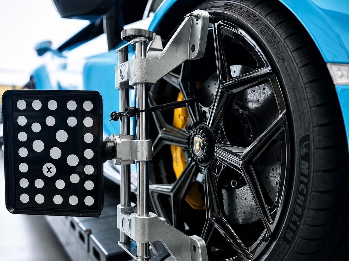 Achsvermessung mit 3D-Messtafel am Rad eines Sportwagens bei Car Expert Nord in Hildesheim