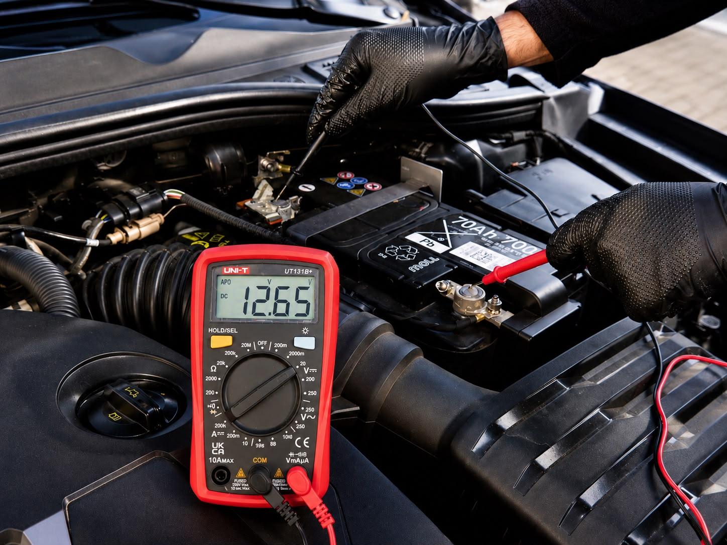 Spannungsmessung an der Batterie eines Hybridfahrzeugs mit Multimeter